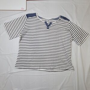 Womens BonWorth top. White/Black Stripe. Denim color on shoulders. Size L.